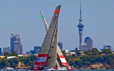 All4one crosses in front of Mascalzone Latino Audi Team during round robin 1 of the Louis Vuitton Trophy Pacific Series, in Auckland, New Zealand, Tuesday, March 9, 2010. (AP Photo/NZPA, David Rowland) **NEW ZEALAND OUT**