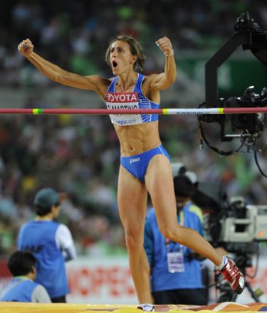 Italy's Antonietta Di Martino reacts after a jump in the women's high jump final at the International Association of Athletics Federations (IAAF) World Championships in Daegu on September 3, 2011.  AFP PHOTO / JUNG YEON-JE (Photo credit should read JUNG YEON-JE/AFP/Getty Images)