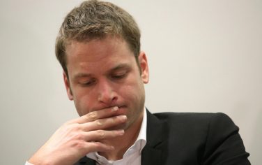Former Olympic walk champion, Alex Schwazer, reacts during his press conference at National Anti-Doping Tribunal in Rome, Italy, 23 April 2013. Schwazer got a three-and-half-year ban Tuesday for testing positive for blood-booster EPO ahead of the 2013 London Olympics. Schwazer, 28, will be able to return to competition on January 30 2016, if he decides to reconsider a decision to voluntarily end his career.
ANSA/ALESSANDRO DI MEO