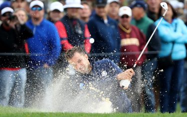 CHASKA, MN - SEPTEMBER 27: Soccer player Alessandro Del Piero of Europe hits out of a bunker during the 2016 Ryder Cup Celebrity Matches at Hazeltine National Golf Club on September 27, 2016 in Chaska, Minnesota.  (Photo by Sam Greenwood/Getty Images)