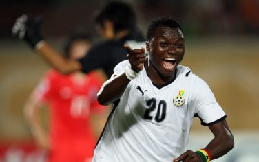 Ghana's Dominic Adiyiah reacts after scoring the third goal for his team against South Korea during their U-20 World Cup quarter final soccer match at the Mubarak Stadium, in the city of Suez, eastern Egypt,  Friday, Oct. 9, 2009. (AP Photo/Thanassis Stavrakis)