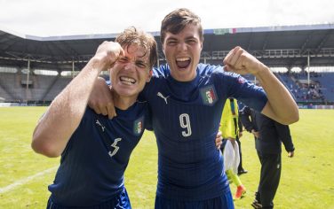 MANNHEIM, GERMANY - JULY 21: Filippo Romagna of Italy and Andrea Favilli of Italy celebrate winning the semi final during the U19 Match between England and Italy at Carl-Benz-Stadium on July 21, 2016 in Mannheim, Germany. (Photo by Alexander Scheuber/Bongarts/Getty Images)