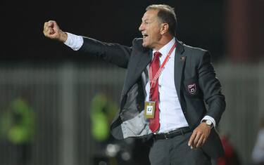 Albania's coach Gianni De Biasi gestures  during the WC 2018 football qualification match between Albania and Macedonia in Loro Borici stadium in the city of Shkoder on September 5, 2016. / AFP / GENT SHKULLAKU        (Photo credit should read GENT SHKULLAKU/AFP/Getty Images)