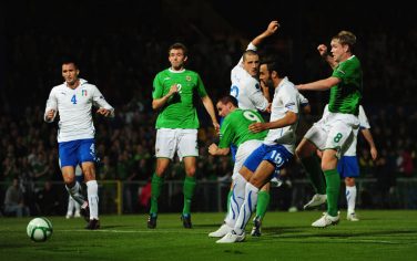 BELFAST, NORTHERN IRELAND - OCTOBER 08:  David Healy of Northern Ireland heads just wide during the EURO 2012 Qualifier Group C match between Northern Ireland and Italy at Windsor Park on October 8, 2010 in Belfast, Northern Ireland.  (Photo by Mike Hewitt/Getty Images) *** Local Caption *** David Healy