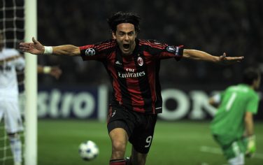 AC Milan's forward Filippo Inzaghi (C) celebrates scoring against Real Madrid during their Champions League Group G football match on November 3, 2010 at San Siro stadium in Milan. AFP PHOTO / OLIVIER MORIN (Photo credit should read OLIVIER MORIN/AFP/Getty Images)