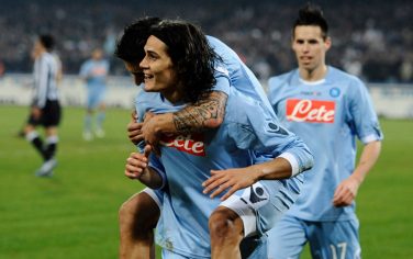Napoli's Edinson Cavani (C) celebrates after scoring against Juventus on January 9, 2011 during their Italian Serie A match at the San Paolo Stadium in Naples. Napoli won 3-0.   AFP PHOTO / ROBERTO SALOMONE (Photo credit should read ROBERTO SALOMONE/AFP/Getty Images)