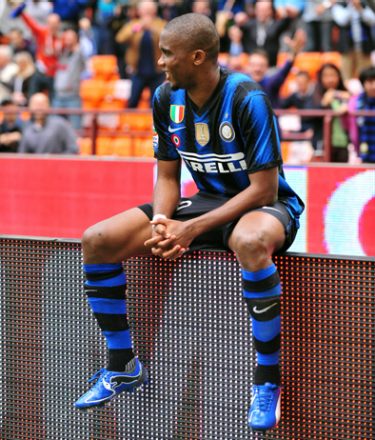 Inter Milan's Cameroonian forward Samuel Eto'o celebrates after scoring against Lazio during their Italian Serie A football match at San Siro Stadium in Milan on April 23, 2011. AFP PHOTO / GIUSEPPE CACACE (Photo credit should read GIUSEPPE CACACE/AFP/Getty Images)