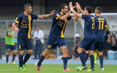 VERONA, ITALY - AUGUST 24:  Luca Toni of Verona FC celebrates after scoring  his second team goal during the Serie A match between Hellas Verona FC and AC Milan at Stadio Marc'Antonio Bentegodi on August 24, 2013 in Verona, Italy.  (Photo by Dino Panato/Getty Images)