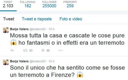 Terremoto a Firenze, Borja Valero trema su Twitter