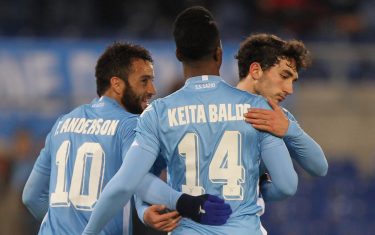 ROME, ITALY - FEBRUARY 11:  Balde Diao Keita with his teammates Felipe Anderson and Danilo Cataldi of SS Lazio celebrates after scoring the team's fourth goal during the Serie A match between SS Lazio and Hellas Verona FC at Stadio Olimpico on February 11, 2016 in Rome, Italy.  (Photo by Paolo Bruno/Getty Images)