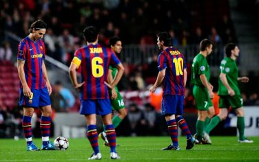 FC Barcelona's Zlatan Ibrahimovic from Sweden, left, reacts after Rubin Kazan scored during a Group F Champions League first leg soccer match at the Camp Nou Stadium in Barcelona, Spain, Tuesday, Oct. 20, 2009. (AP Photo/Manu Fernandez)