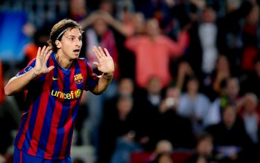 FC Barcelona's Zlatan Ibrahimovic from Sweden reacts during his Group F Champions League first leg soccer match against Rubin Kazan at the Camp Nou stadium in Barcelona, Spain, on Tuesday, Oct. 20, 2009. (AP Photo/David Ramos)