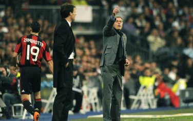 Real Madrid's Portuguese coach  Jose Mourinho (R) gestures in front of AC Milan's Brazilian coach Massimiliano Allegri (L) during their Champions league group G football match at Santiago Bernabeu stadium in Madrid on October 19, 2010. AFP PHOTO/JAVIER SORIANO (Photo credit should read JAVIER SORIANO/AFP/Getty Images)