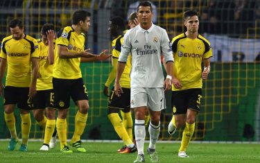 Real Madrid's Portuguese forward Cristiano Ronaldo reacts during the UEFA Champions League first leg football match between Borussia Dortmund and Real Madrid at BVB stadium in Dortmund, on September 27, 2016. / AFP / PATRIK STOLLARZ        (Photo credit should read PATRIK STOLLARZ/AFP/Getty Images)