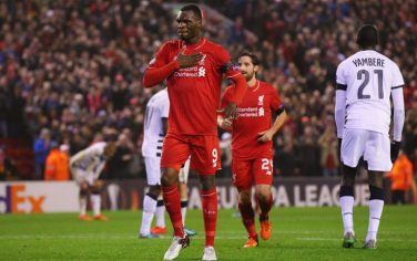 LIVERPOOL, ENGLAND - NOVEMBER 26:  Christian Benteke of Liverpool celebrates as he scores their second goal during the UEFA Europa League Group B match between Liverpool FC and FC Girondins de Bordeaux at Anfield on November 26, 2015 in Liverpool, United Kingdom.  (Photo by Alex Livesey/Getty Images)