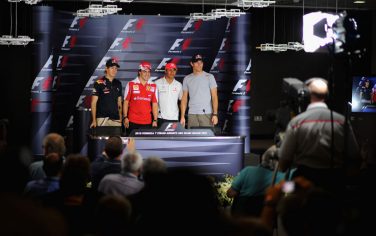 ABU DHABI, UNITED ARAB EMIRATES - NOVEMBER 11:  (L-R) F1 World Championship contenders Sebastian Vettel of Germany and Red Bull Racing, Fernando Alonso of Spain and Ferrari, Lewis Hamilton of Great Britain and McLaren Mercedes and Mark Webber of Australia and Red Bull Racing pose for a photograph at the drivers press conference during previews to the Abu Dhabi Formula One Grand Prix at the Yas Marina Circuit on November 11, 2010 in Abu Dhabi, United Arab Emirates.  (Photo by Clive Mason/Getty Images) *** Local Caption *** Sebastian Vettel;Fernando Alonso;Lewis Hamilton;Mark Webber