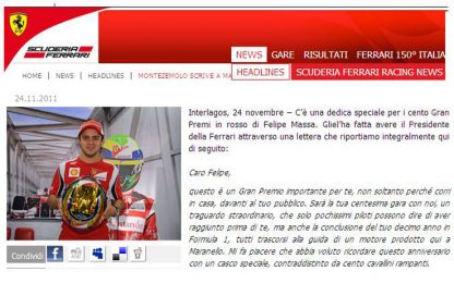 Massa, 100 Gp in Ferrari. Montezemolo: sei nella storia