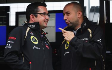 NORTHAMPTON, ENGLAND - JULY 06:  Lotus Team Principal Eric Boullier and Lotus team owner Gerard Lopez are seen during practice for the British Grand Prix at Silverstone Circuit on July 6, 2012 in Northampton, England.  (Photo by Mark Thompson/Getty Images)