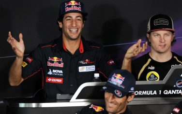 Toro Rosso driver Daniel Ricciardo of Australia (L) speaks as Lotus driver Kimi Raikkonen of Finland (2/R) and Red Bull drivers Sebastian Vettel of Germany (R) and Mark Webber of Australia (2/L) react during a press conference ahead of Formula One's Australian Grand Prix in Melbourne on March 15, 2012. Formula One's Australian Grand Prix will be held on March 18.  IMAGE RESTRICTED TO EDITORIAL USE  AFP PHOTO/William WEST (Photo credit should read WILLIAM WEST/AFP/Getty Images)