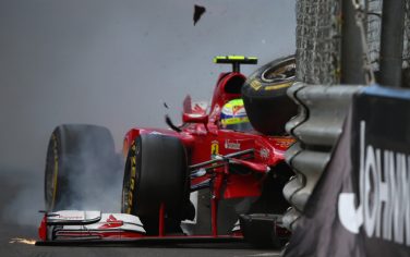 MONTE-CARLO, MONACO - MAY 25:  Felipe Massa of Brazil and Ferrari crashes at St Devote during qualifying for the Monaco Formula One Grand Prix at the Circuit de Monaco on May 25, 2013 in Monte-Carlo, Monaco.  (Photo by Bryn Lennon/Getty Images)