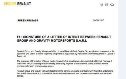 Renault, lettera d'intenti per comprare la Lotus