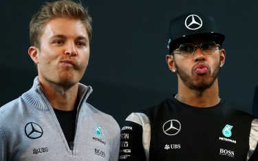 STUTTGART, GERMANY - MARCH 11:  Nico Rosberg of Germany and Mercedes GP (L) poses with team mate Lewis Hamilton of Great Britain and Mercedes GP during the Mercedes Benz Motorsport Kickoff 2016 at the Inner Sanctum on March 11, 2016 in Stuttgart, Germany.  (Photo by Alexander Hassenstein/Bongarts/Getty Images)
