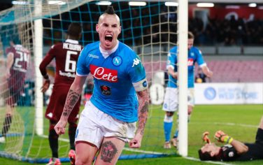 Napoli's Slovak forward Marek Hamsik celebrates after scoring during the Italian Serie A football match SSC Napoli vs Torino FC on January 6, 2016 at the San Paolo stadium in Naples. AFP PHOTO / CARLO HERMANN / AFP / CARLO HERMANN        (Photo credit should read CARLO HERMANN/AFP/Getty Images)