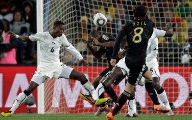 Germany's Mesut Oezil, foreground right, scores during the World Cup group D soccer match between Ghana and Germany at Soccer City in Johannesburg, South Africa, Wednesday, June 23, 2010.  (AP Photo/Matt Dunham)