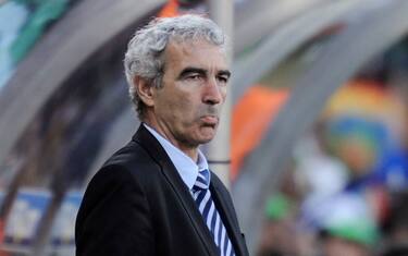 France head coach Raymond Domenech reacts during the World Cup group A soccer match between France and South Africa at Free State Stadium in Bloemfontein, South Africa, Tuesday, June 22, 2010.  (AP Photo/Martin Meissner)