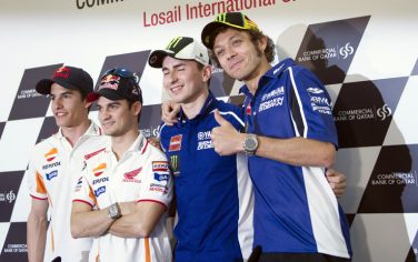 DOHA, DOHA - APRIL 03: (L-R) Marc Marquez of Spain and Repsol Honda Team;  Dani Pedrosa of Spain and Repsol Honda Team; Jorge Lorenzo of Spain and Yamaha Factory Racing and Valentino Rossi of Italy and Yamaha Factory Racing  pose during the press conference pre-event during MotoGp of Qatar at Losail Circuit on April 3, 2013 in Doha, Qatar.  (Photo by Mirco Lazzari gp/Getty Images)