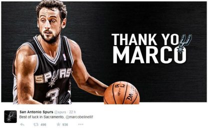 La classe degli Spurs: "Grazie Marco". Beli è a Sacramento
