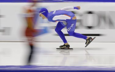 Enrico Fabris of Italy strains during the 1,500 meters men race at the Allround European Championships Speedskating at Thialf stadium in Heerenveen, northern Netherlands, Saturday, Jan. 10, 2009. Fabris was disqualified Friday during his 5000 meters race which eliminated all hope for a possible podium place. (AP Photo/Peter Dejong)
