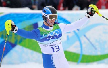 Italy's Giuliano Razzoli reacts after the first run of the Men's slalom, at the Vancouver 2010 Olympics in Whistler, British Columbia, Saturday, Feb. 27, 2010.  (AP Photo/Gero Breloer)