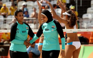 RIO DE JANEIRO, BRAZIL - AUGUST 09:  Nada Meawad (L) and Doaa Elghobashy of Egypt looks on during the Women's Beach Volleyball Preliminary Pool A match against Marta Menegatti and Viktoria Orsi Toth of Italy on Day 4 of the Rio 2016 Olympic Games at the Beach Volleyball Arena on August 9, 2016 in Rio de Janeiro, Brazil.  (Photo by Ezra Shaw/Getty Images)