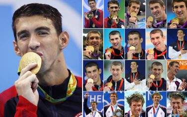 TOPSHOT - Combination picture made on August 09, 2016 shows US swimmer Michael Phelps with the 21 gold medals he won at the Olympic Games in Athens 2004, Beijing 2008, London 2012 and Rio 2016.  / AFP / STF        (Photo credit should read STF/AFP/Getty Images)