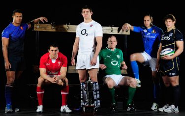 LONDON, ENGLAND - JANUARY 25:  (L-R) Thierry Dusautoir of France, Sam Warburton of Wales, Tom Wood of England, Paul O Connell of Ireland, Sergio Parisse of Italy and Ross Ford of Scotland pose with the RBS Six Nations trophy during the RBS Six Nations Launch at The Hurlingham Club on January 25, 2012 in London, England.  (Photo by Stu Forster/Getty Images for RBS)