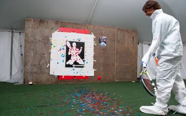 CINCINNATI-AUGUST 14-17: The top 15 players in the world photographed in an activity called "art-balling" which involved them hitting paint covered tennis balls at a large canvas, creating a unique self portrait. (Photo by Chris Cone/Getty Images for ATP World Tour