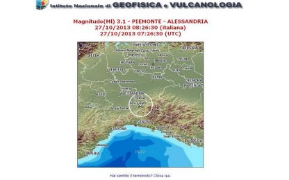 Terremoti: scossa di magnitudo 3.1 in provincia Alessandria