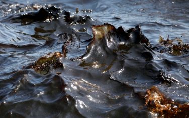Thick black waves of oil and brown whitecaps are seen off the side of the supply vessel Joe Griffin at the site of the Deepwater Horizon oil spill containment efforts in the Gulf of Mexico off the coast of Lousiana Sunday, May 9, 2010. (AP Photo/Gerald Herbert)