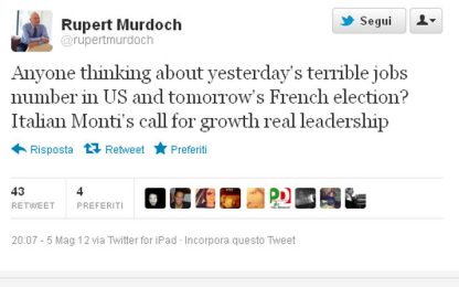 Murdoch su Twitter: "Quella di Monti è vera leadership"
