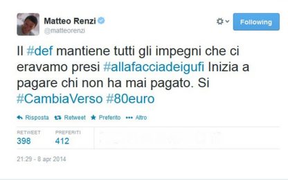 Renzi su Twitter: Def mantiene impegni, alla faccia dei gufi
