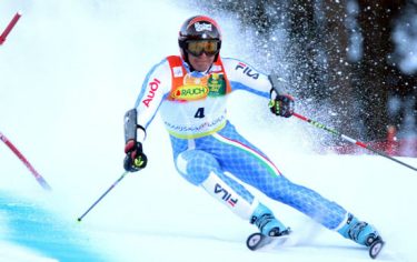 epa01650495 Massimiliano Blardone of Italy clears a gate, during the first run Alpine Ski World Cup's Giant slalom men in Kranjska Gora, Slovenia, 28 February 2009. Blardone was second.  EPA/ANTONIO BAT