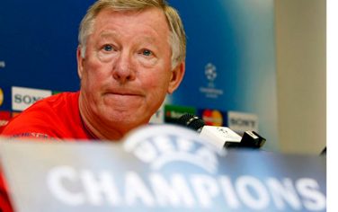 Manchester United coach Alex Ferguson meets the media during a news conference ahead of a Champions League, Round of 16, first leg match against Inter Milan, at the San Siro stadium in Milan, Italy, Monday, Feb.23, 2009. (AP Photo/Luca Bruno)