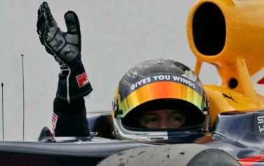 Red Bull driver Sebastian Vettel of Germany celebrates after winning the British Formula One Grand Prix at the Silverstone racetrack, in Silverstone, England, Sunday June 21, 2009. (AP Photo/Lefteris Pitarakis)