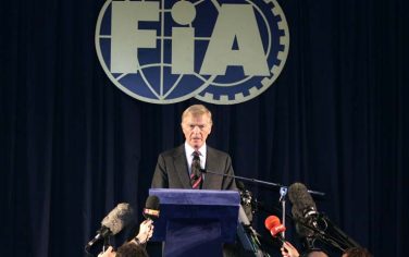 ** FILE ** International Automobile Federation (FIA) President Max Mosley is seen during a press conference in Paris in this June 29, 2005 file photo. FIA wants to stay clear of the situation involving its president, Max Mosley, and a British tabloid that reported he engaged in sexual acts with five prostitutes in a scenario that involved Nazi role-playing. "This is a matter between Mr. Mosley and the newspaper," the governing body of world auto racing said Sunday, March 30, 2008. Mosley, the son of British Union of Fascists party founder Oswald Mosley, reportedly took part in the scene on Friday at a London apartment near his home, according to the News of the World in a front-page story.  (AP Photo/Francois Mori)